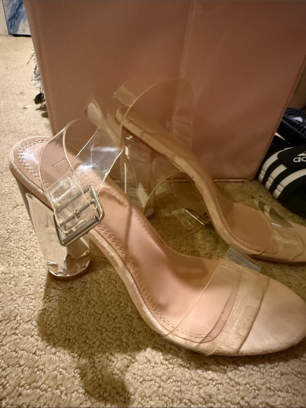 Transparent Strap Pink Block Heel Sandals